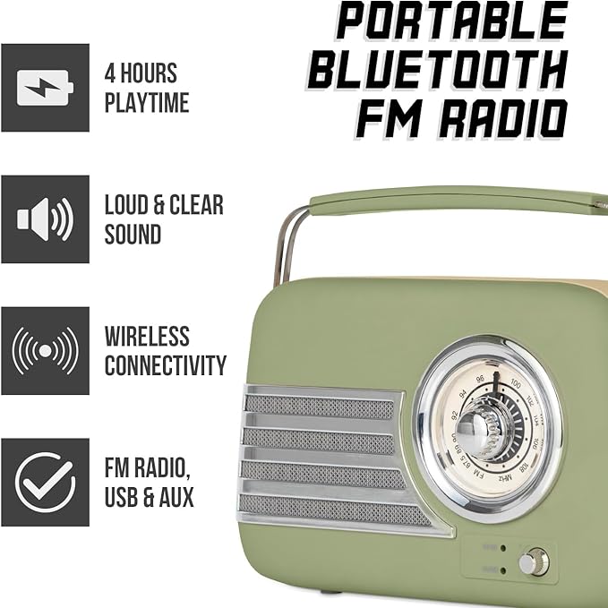 iTek AM/FM Vintage Radio With Bluetooth Sage I60028SAG