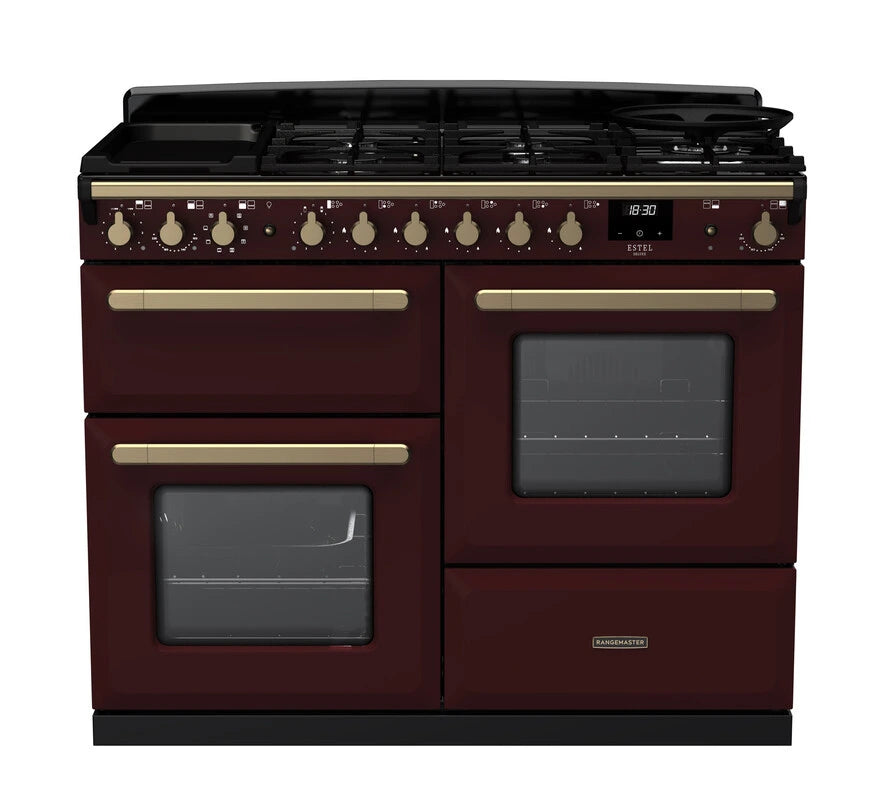 Rangemaster Estel Deluxe 110cm Dual Fuel Range Cooker - Bordeaux & Brass | ESDLO110DFPBOR/AB1
