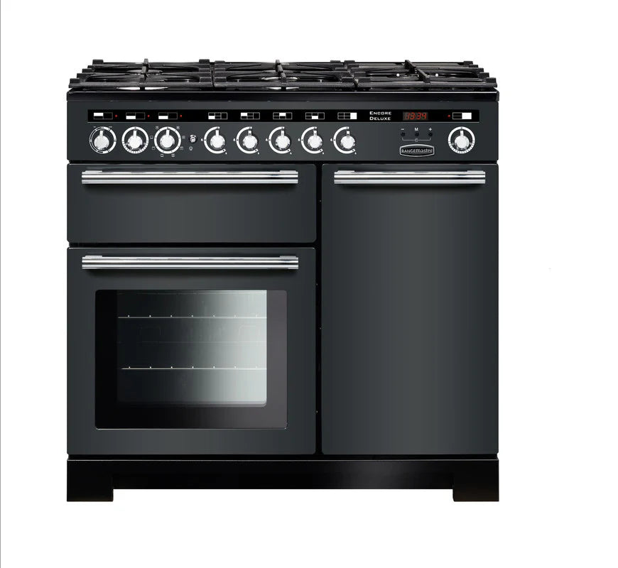 Rangemaster Encore 100cm Dual Fuel Range Cooker - Slate & Chrome | EDL100DFFSL/C