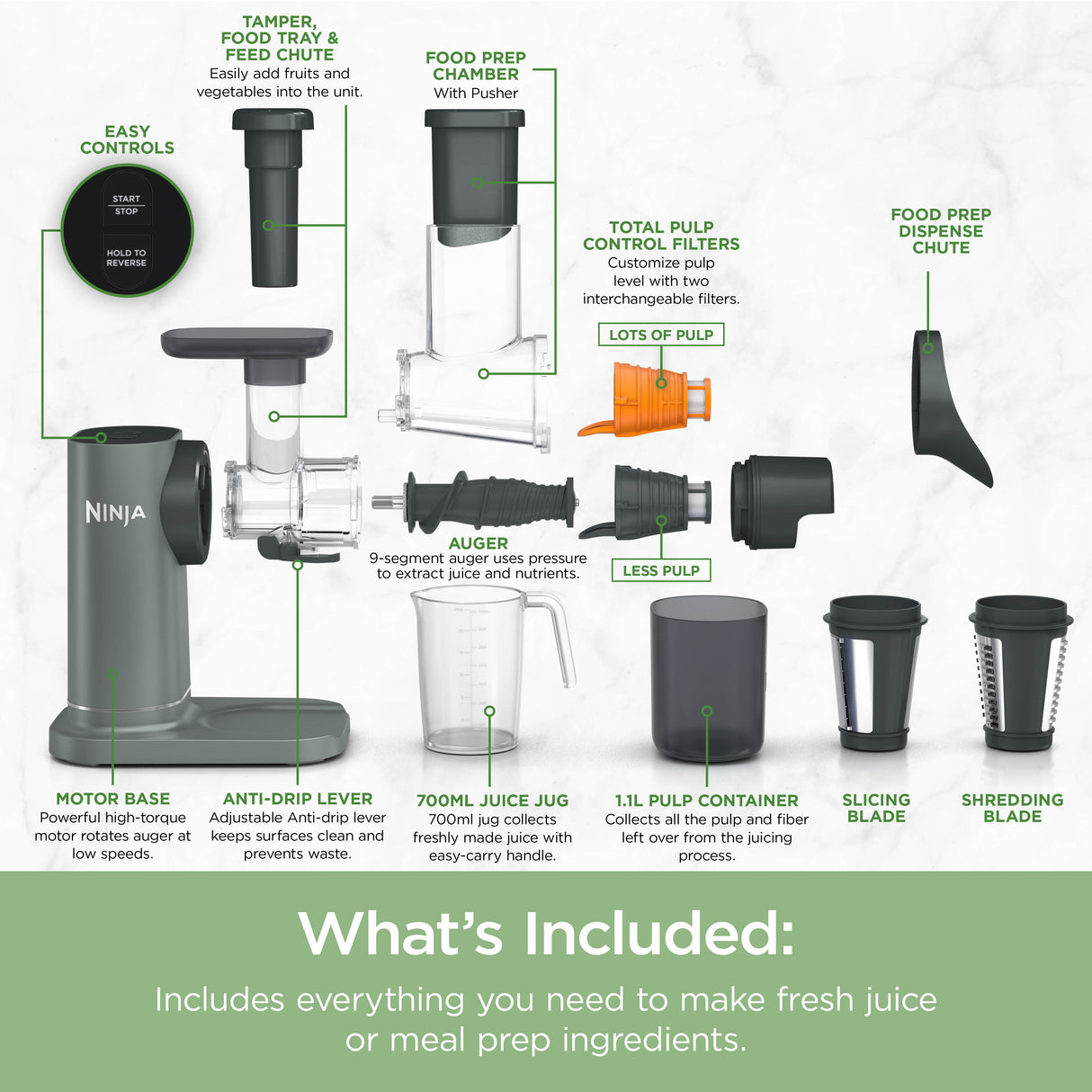 Ninja 3-in-1 Cold Press Juicer, Slicer & Shredder with Anti-Clog Filter | JC152UK