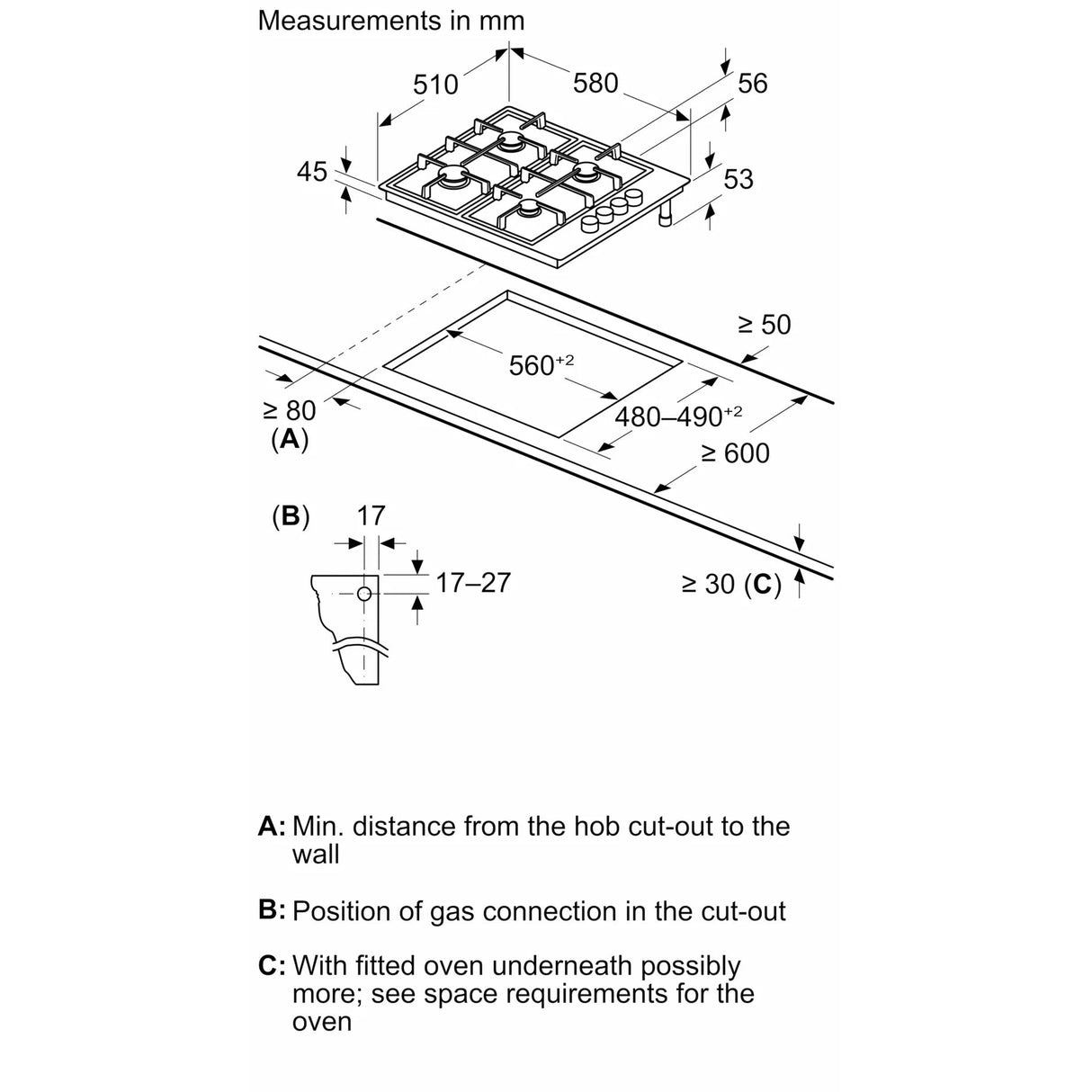 Bosch Series 2 60cm Gas Hob Brushed Steel PBP6B5B60