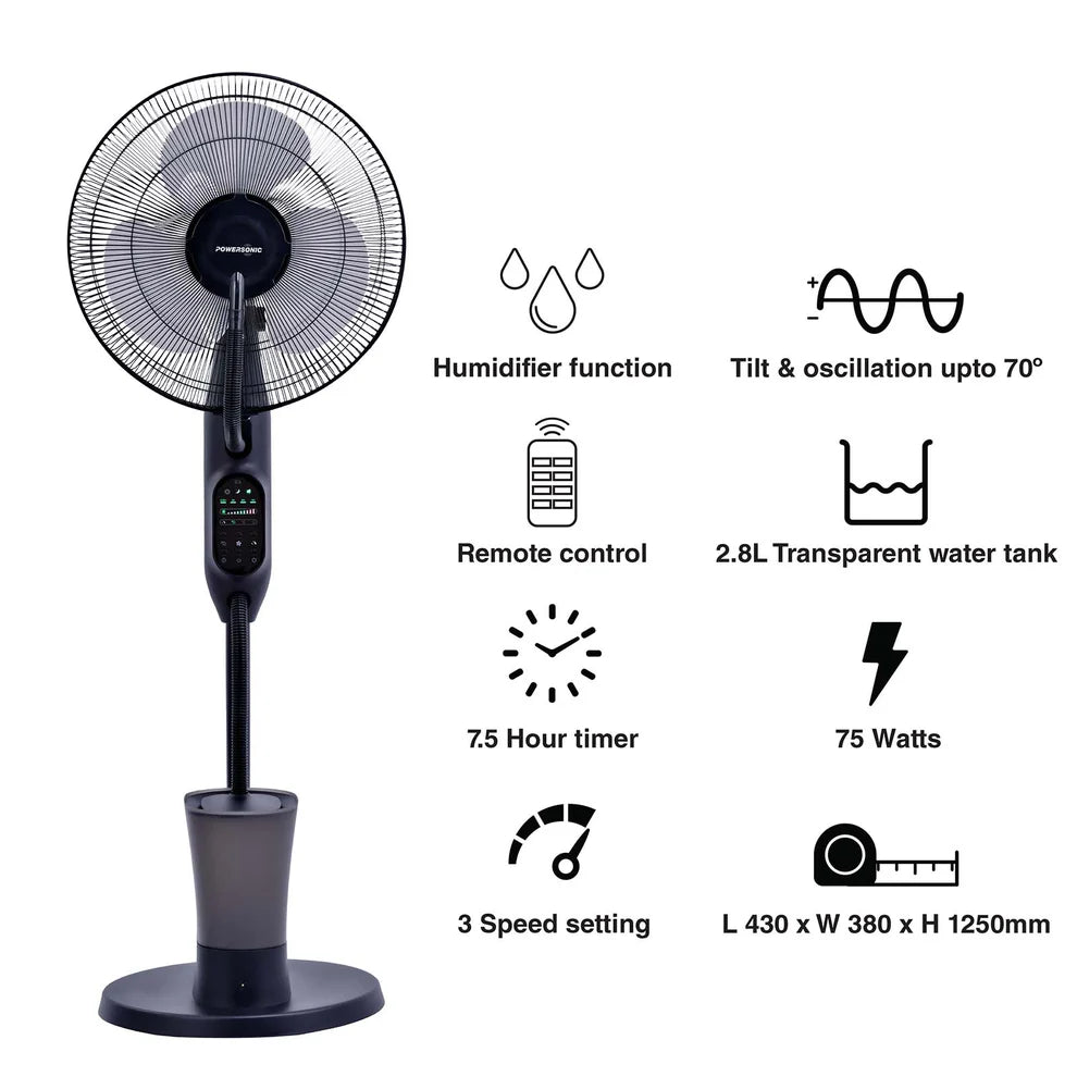 Powersonic Pedestal Oscillating Misting Fan - Black | PWRHT505