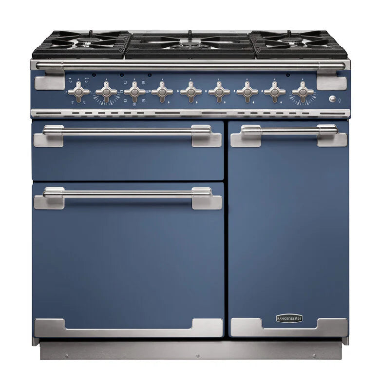 Rangemaster Elise 90cm Dual Fuel Range Cooker - Stone Blue & Brushed Nickel | ELS90DFFSB/