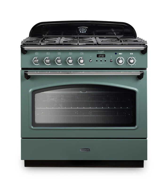 Rangemaster Classic FX 90cm Dual Fuel Range Cooker - Mineral Green & Chrome | CLAS90FXDFFMG/C