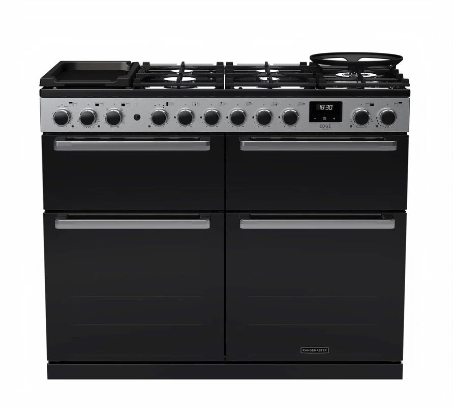 Rangemaster Edge 110cm Dual Fuel Range Cooker (Slow Cook) - Glossy Black & Chrome | EDDLB110DFGBLK/CM1