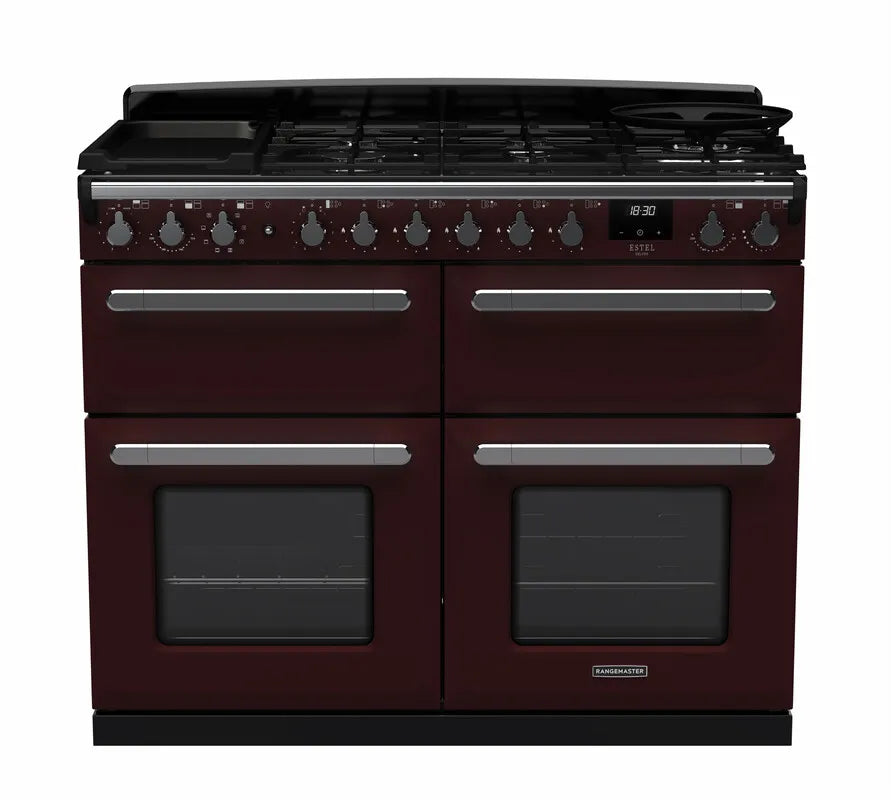 Rangemaster Estel Deluxe 110cm Dual Fuel Range Cooker (Slow Cook) - Bordeaux & Chrome | ESDLB110DFPBOR/CM1