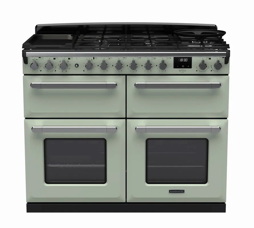 Rangemaster Estel Deluxe 110cm Dual Fuel Range Cooker (Slow Cook) - Mint Green & Chrome | ESDLB110DFPMNT/CM1