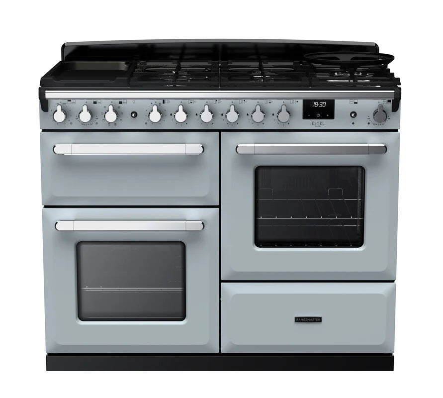 Rangemaster Estel 110cm Dual Fuel Range Cooker - Misty Blue & Chrome | ESDLO110DFPMSB/CM1