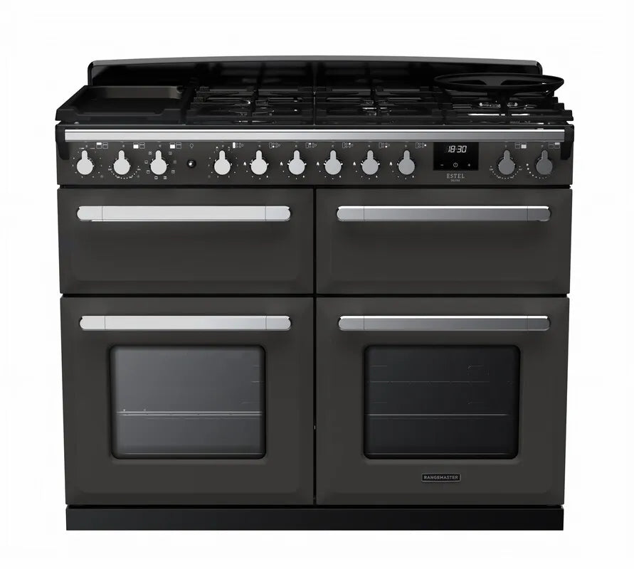 Rangemaster Estel Deluxe 110cm Dual Fuel Range Cooker (Slow Cook) - Slate & Chrome | ESDLB110DFPSLT/CM1
