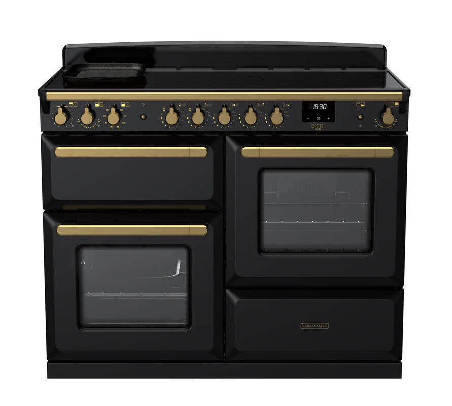 Rangemaster Estel 110cm Induction Range Cooker - Glossy Black & Brass | ESDLO110EIPGBL/AB1