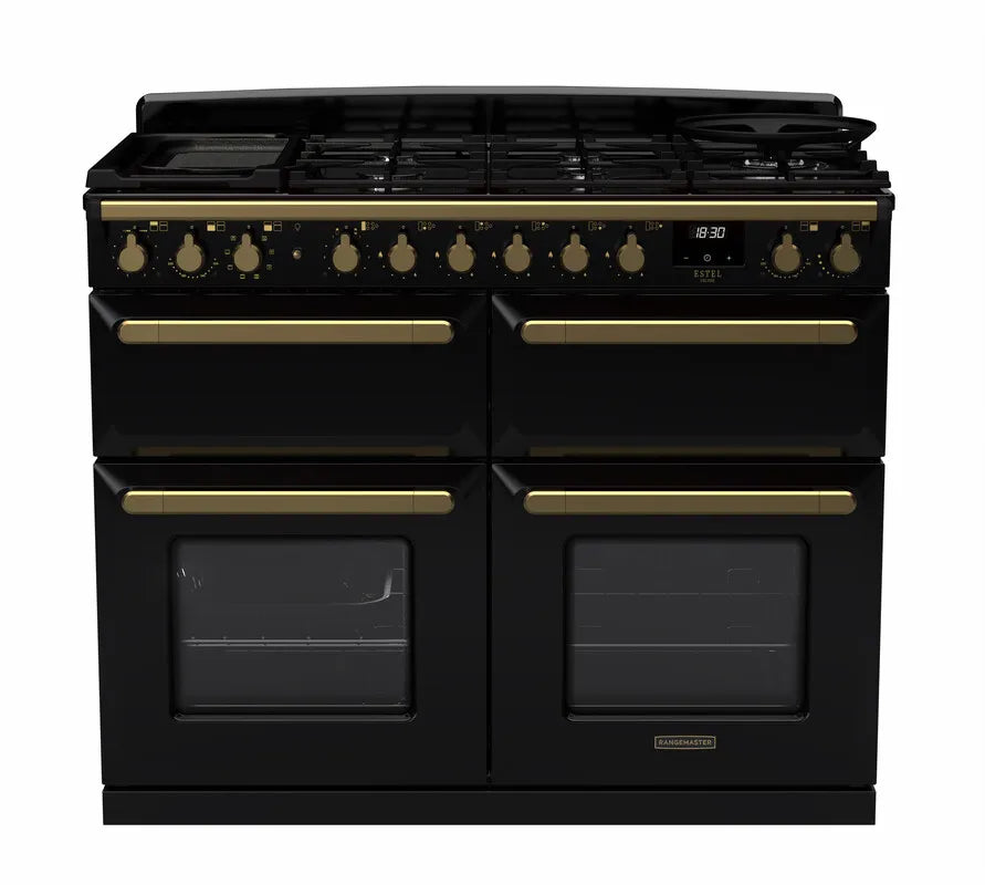 Rangemaster Classic 110cm Dual Fuel Range Cooker (Slow Cook) - Glossy Black & Brass | ESDLB110DFPGBL/AB1
