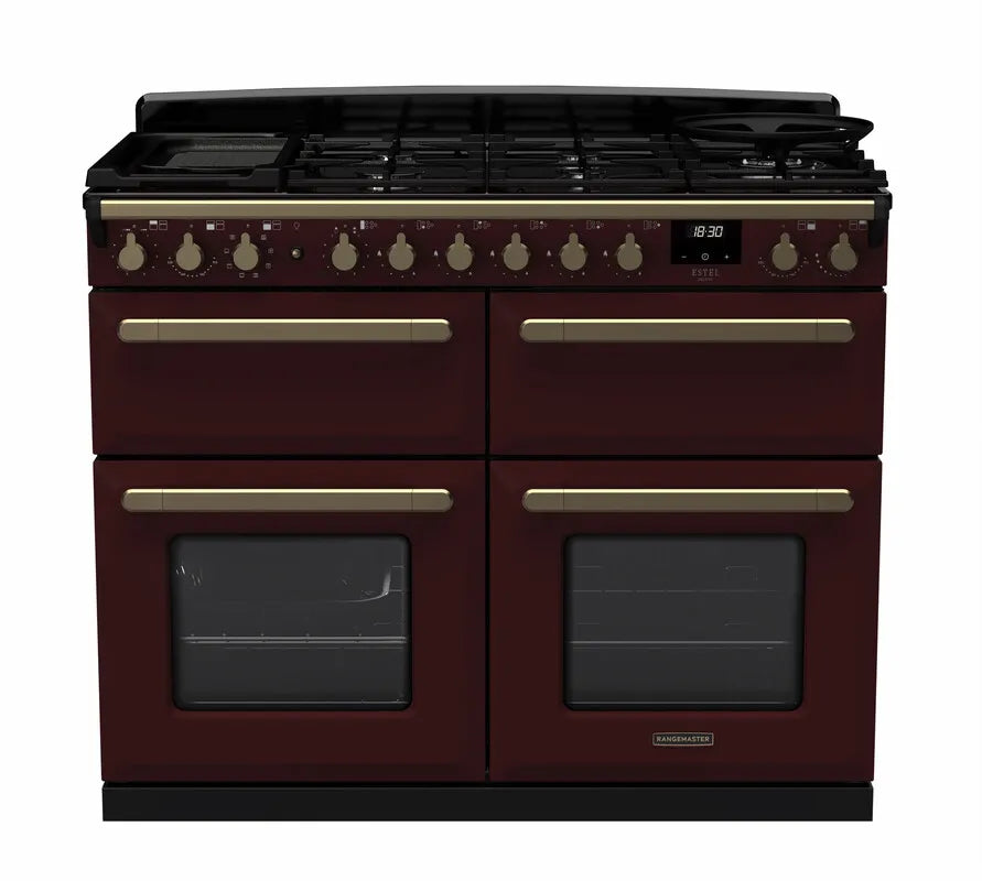 Rangemaster Classic 110cm Dual Fuel Range Cooker (Slow Cook) - Bordeaux & Brass | ESDLB110DFPBOR/AB1