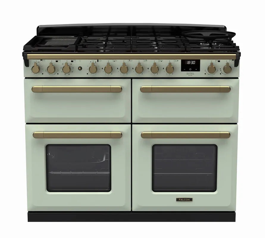 Rangemaster Estel Deluxe 110cm Dual Fuel Range Cooker (Slow Cook) - Mint Green & Brass | ESDLB110DFPMNT/AB1