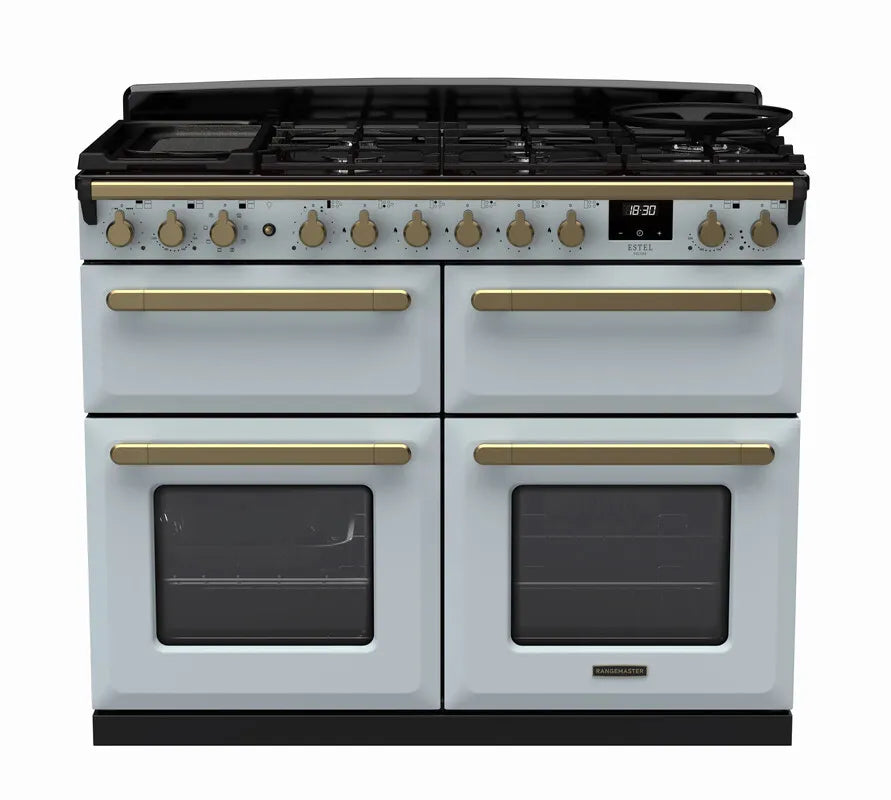 Rangemaster Estel Deluxe 110cm Dual Fuel Range Cooker (Slow Cook) - Misty Blue & Brass | ESDLB110DFPMSB/AB1