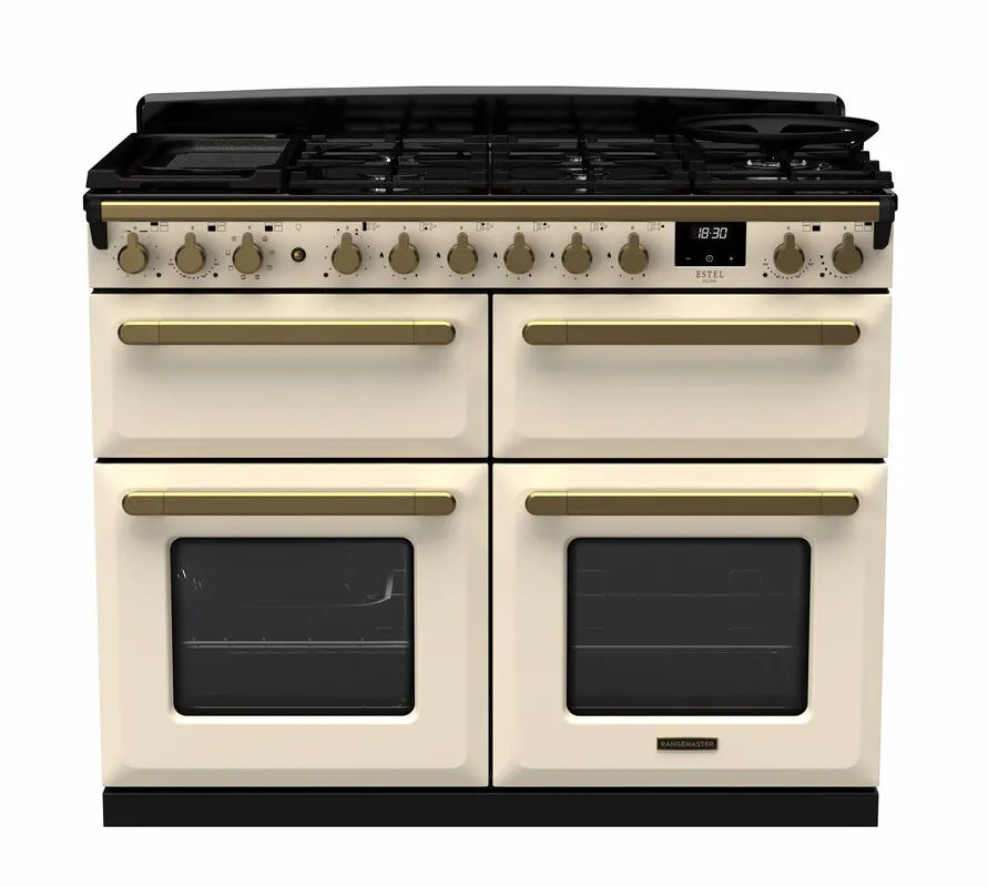 Rangemaster Estel Deluxe 110cm Dual Fuel Range Cooker (Slow Cook) - Pale Cream & Brass | ESDLB110DFPPCR/AB1