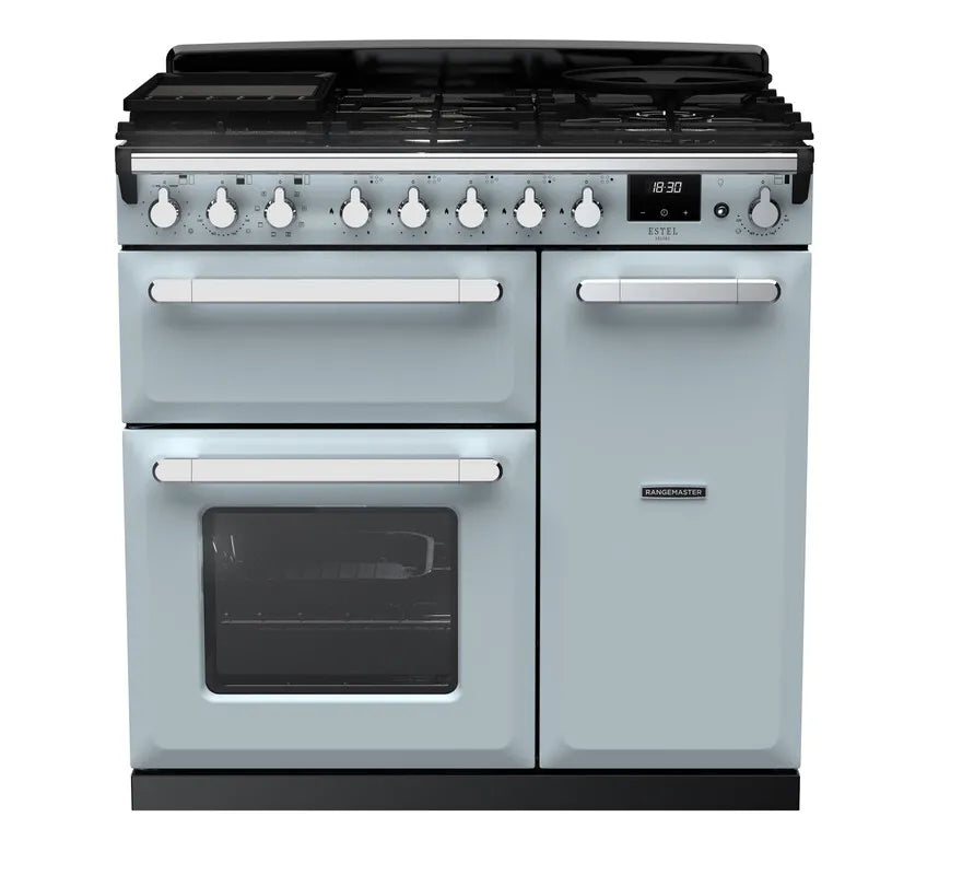 Rangemaster Estel 90cm Dual Fuel Range Cooker - Misty Blue & Chrome | ESDL90DFPMSB/CM1