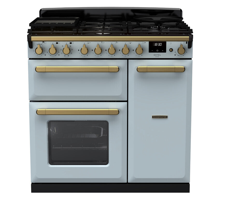 Rangemaster Estel 90cm Dual Fuel Range Cooker - Misty Blue & Brass | ESDL90DFPMSB/AB1