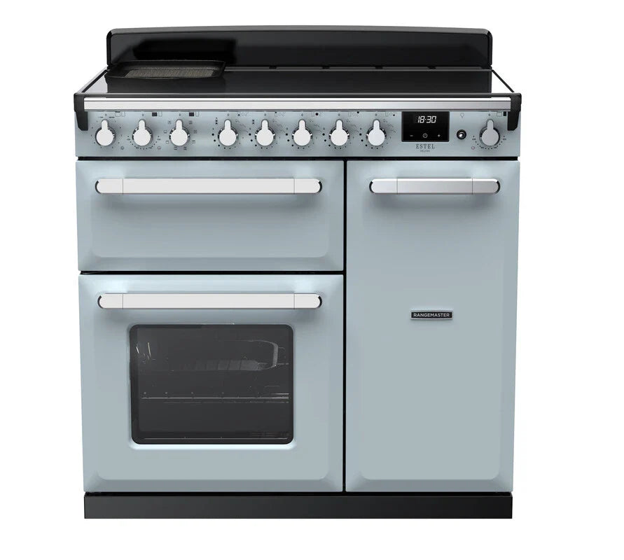 Rangemaster Estel 90cm Induction Range Cooker - Misty Blue & Chrome | ESDL90EIPMSB/CM1