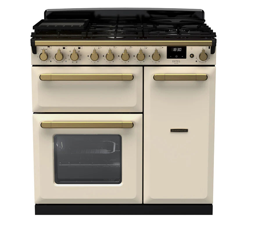 Rangemaster Estel 100cm Dual Fuel Range Cooker - Pale Cream & Brass | ESDL90DFPPCR/AB1