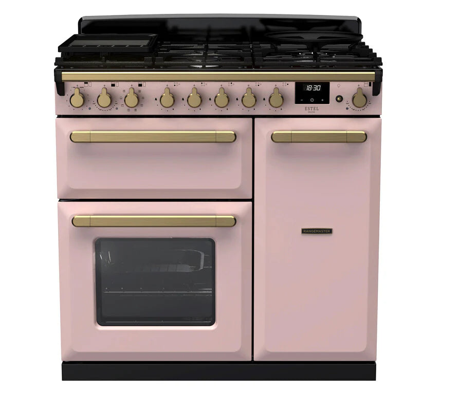 Rangemaster Estel 100cm Dual Fuel Range Cooker - Pale Pink & Brass | ESDL90DFPPPK/AB1