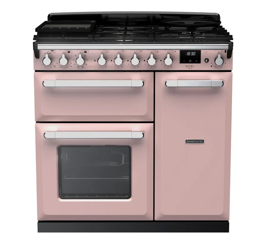 Rangemaster Estel 90cm Dual Fuel Range Cooker - Pale Pink & Chrome | ESDL90DFPPPK/CM1