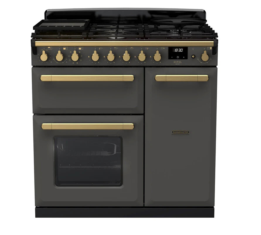 Rangemaster Estel 100cm Dual Fuel Range Cooker - Slate & Brass | ESDL90DFPSLT/AB1