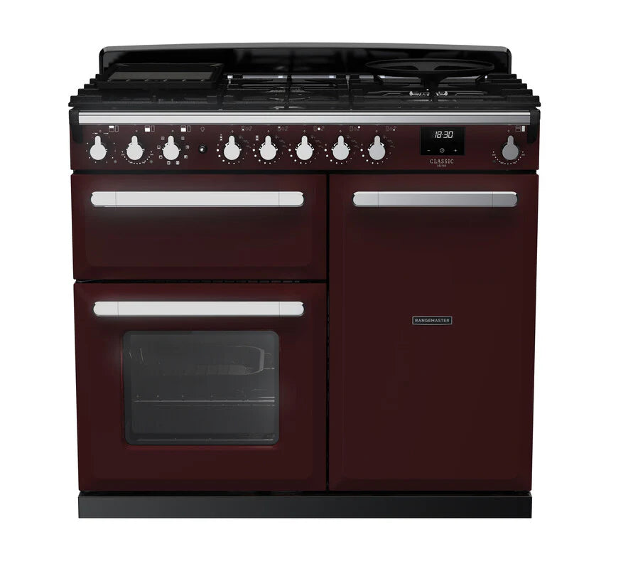 Rangemaster Estel Deluxe 100cm Dual Fuel Range Cooker - Bordeaux & Chrome | ESDL100DFPBOR/CM1