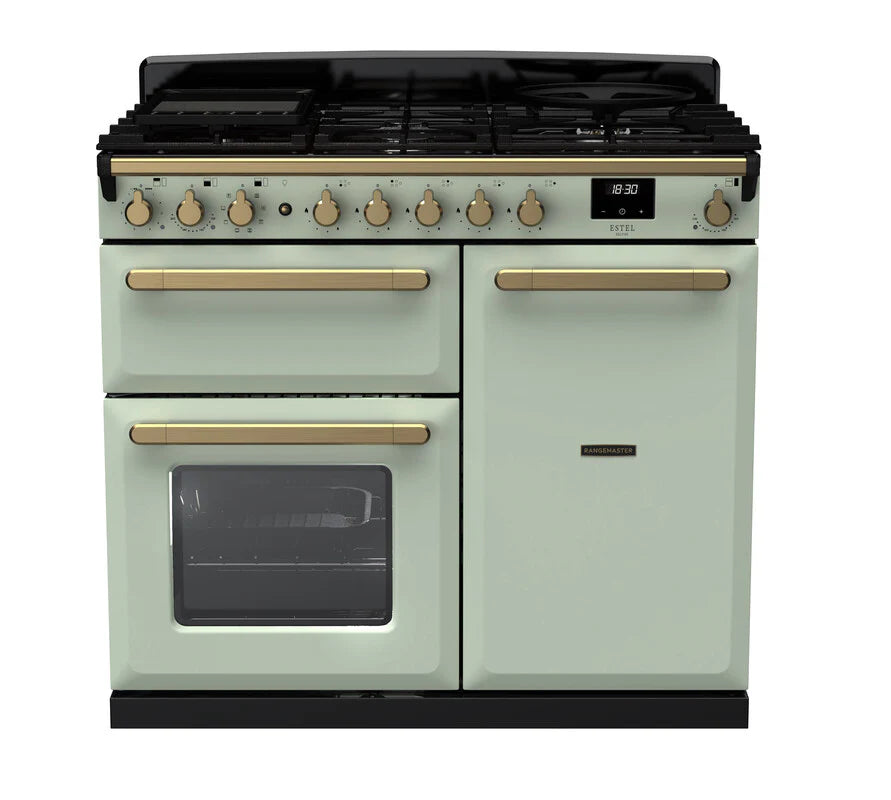 Rangemaster Estel Deluxe 100cm Dual Fuel Range Cooker - Mint Green & Brass | ESDL100DFPMNT/AB1