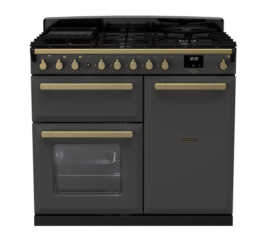 Rangemaster Estel Deluxe 100cm Dual Fuel Range Cooker - Slate & Brass | ESDL100DFPSLT/AB1