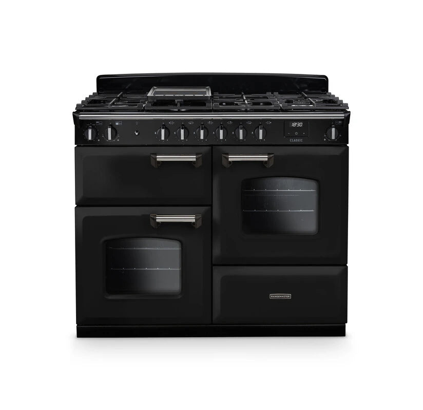 Rangemaster Classic 110cm Dual Fuel Range Cooker - Glossy Black & Chrome | CLO110DFPGBL/CM1