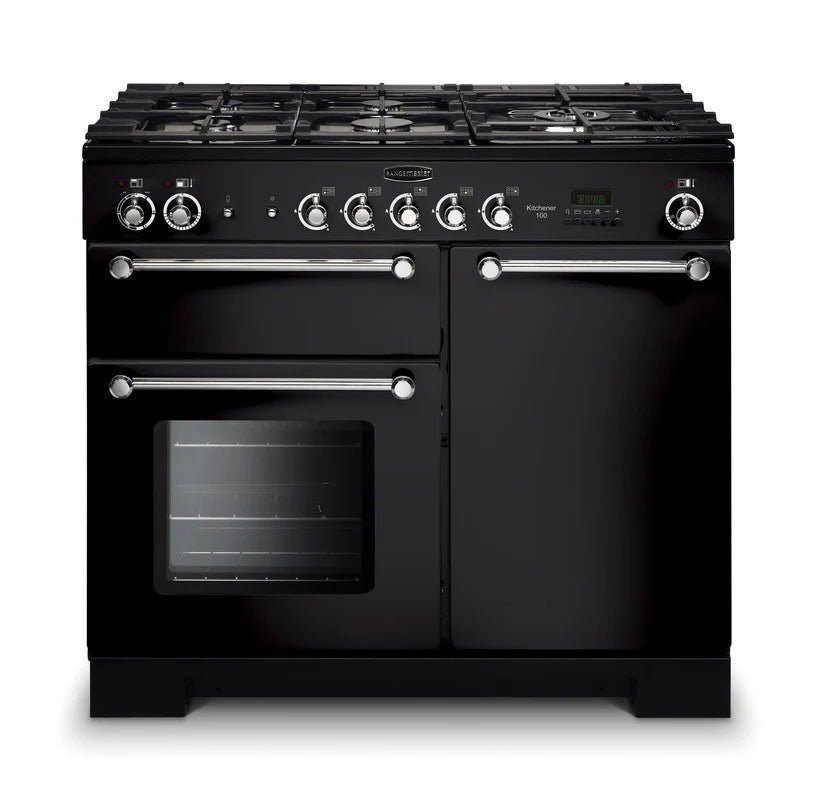 Rangemaster Kitchener 100cm All Gas Range Cooker - Black & Chrome | KCH100NGFBL/C