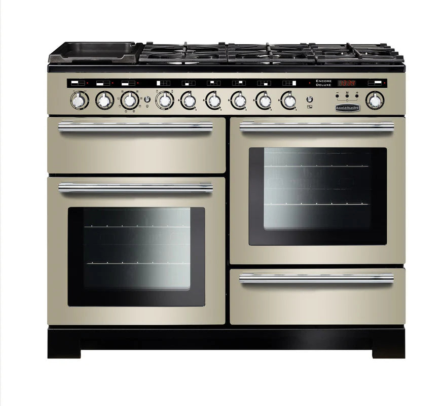 Rangemaster Encore Deluxe 110cm Dual Fuel Range Cooker - Ivory & Chrome | EDL110DFFIV/C