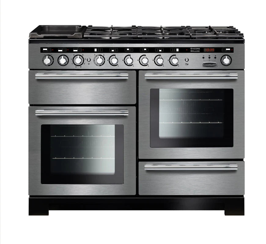 Rangemaster Encore Deluxe 110cm Dual Fuel Range Cooker - Stainless Steel & Chrome | EDL110DFFSS/C