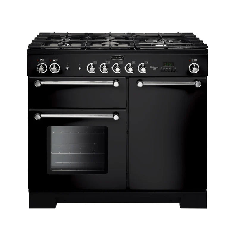 Rangemaster Kitchener 100cm Dual Fuel Range Cooker - Black & Chrome | KCH100DFFBL/C