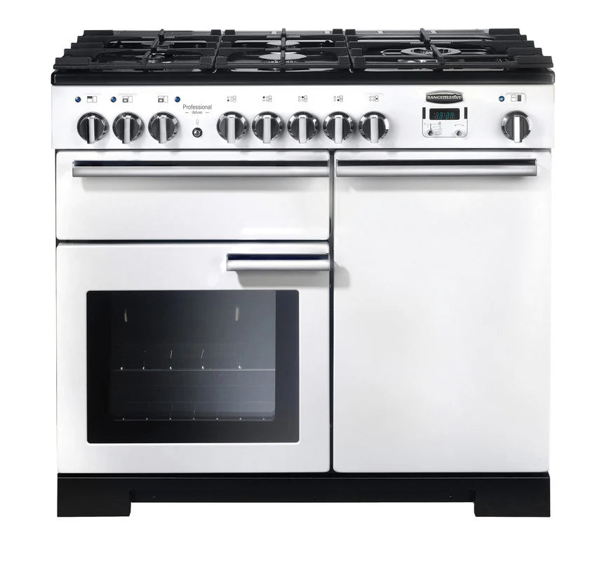 Rangemaster Professional Deluxe 100cm Dual Fuel Range Cooker - White & Chrome | PDL100DFFWH/C