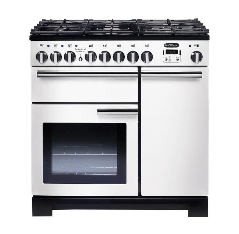 Rangemaster Professional Deluxe 90cm Dual Fuel Range Cooker - White & Chrome | PDL90DFFWH/C