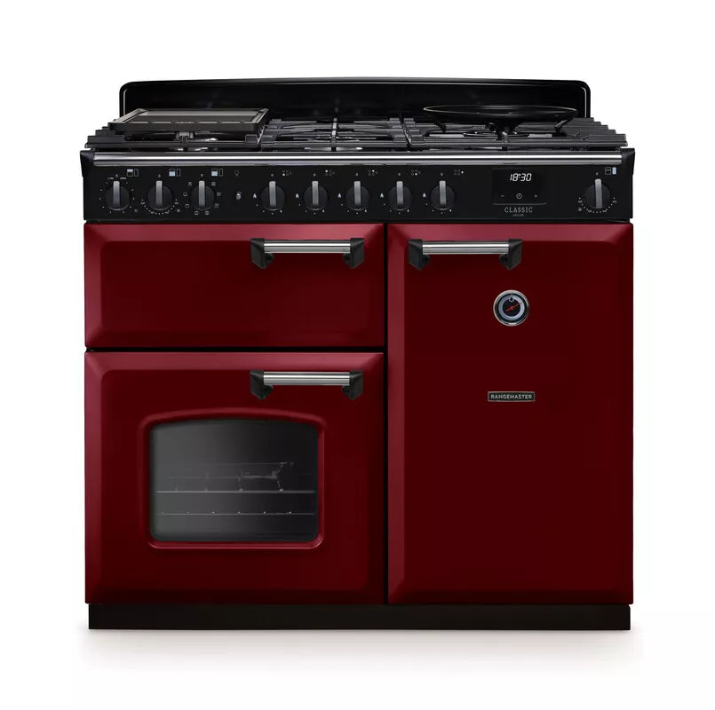 Rangemaster Classic Deluxe 100cm Dual Fuel Range Cooker - Bordeaux & Chrome | CLDL100DFPBOR/CM1