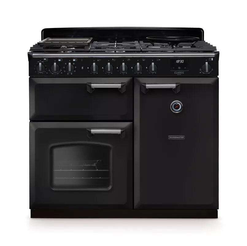 Rangemaster Classic Deluxe 100cm Dual Fuel Range Cooker - Charcoal Black & Chrome | CLDL100DFPCBL/CM1