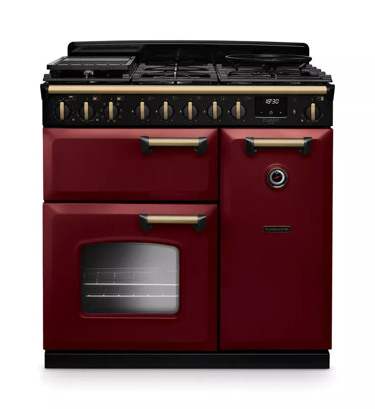 Rangemaster Classic Deluxe 90cm Dual Fuel Range Cooker - Bordeaux & Brass | CLDL90DFPBOR/AB1