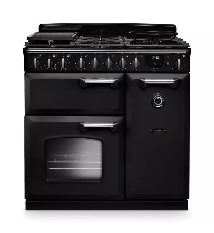 Rangemaster Classic Deluxe 90cm Dual Fuel Range Cooker - Charcoal Black & Chrome | CLDL90DFPCBL/CM1