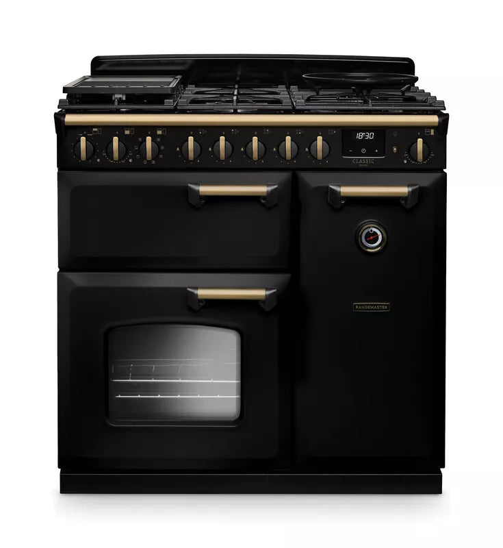 Rangemaster Classic Deluxe 90cm Dual Fuel Range Cooker - Glossy Black & Brass | CLDL90DFPGBL/AB1