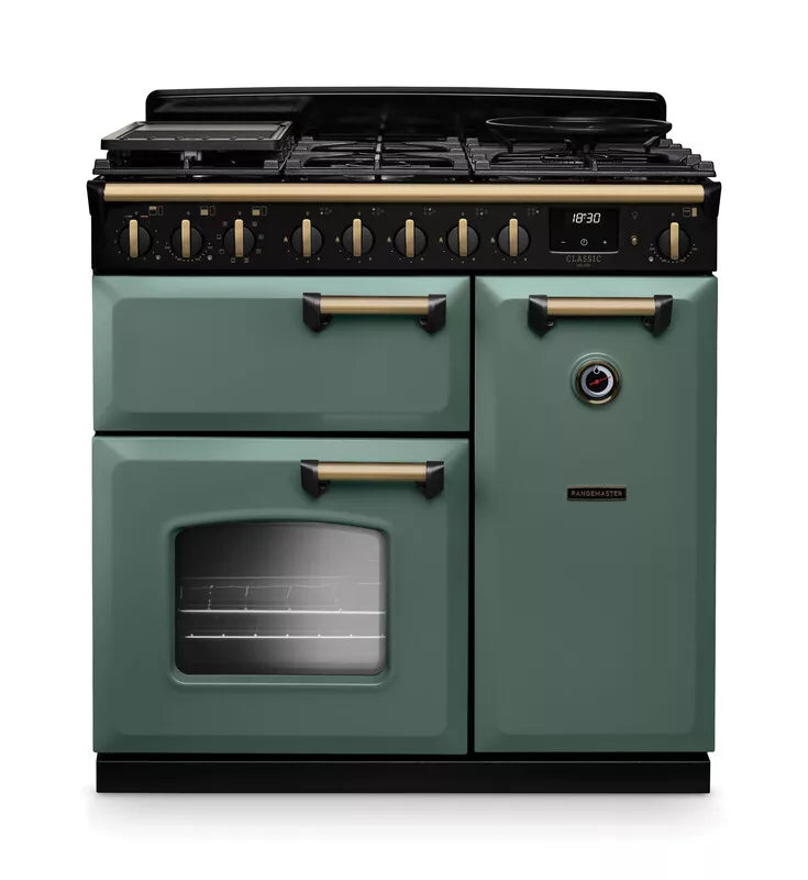 Rangemaster Classic Deluxe 90cm Dual Fuel Range Cooker - Mineral Green & Brass | CLDL90DFPMGR/AB1