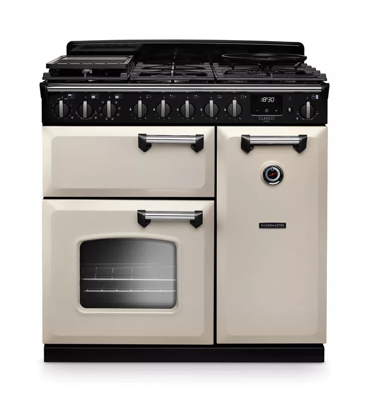 Rangemaster Classic Deluxe 90cm Dual Fuel Range Cooker - Pale Cream & Chrome | CLDL90DFPPCR/CM1