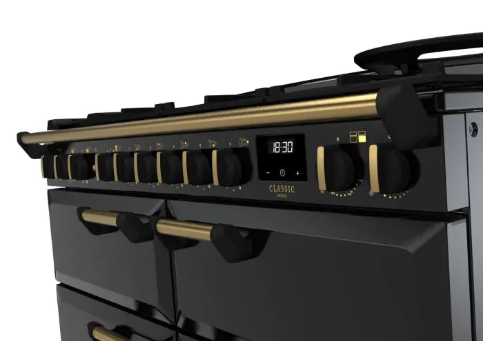 Rangemaster Classic Deluxe 110cm Dual Fuel Range Cooker (Slow Cook) - Charcoal Black & Brass | CLDLB110DFPCBL/AB1