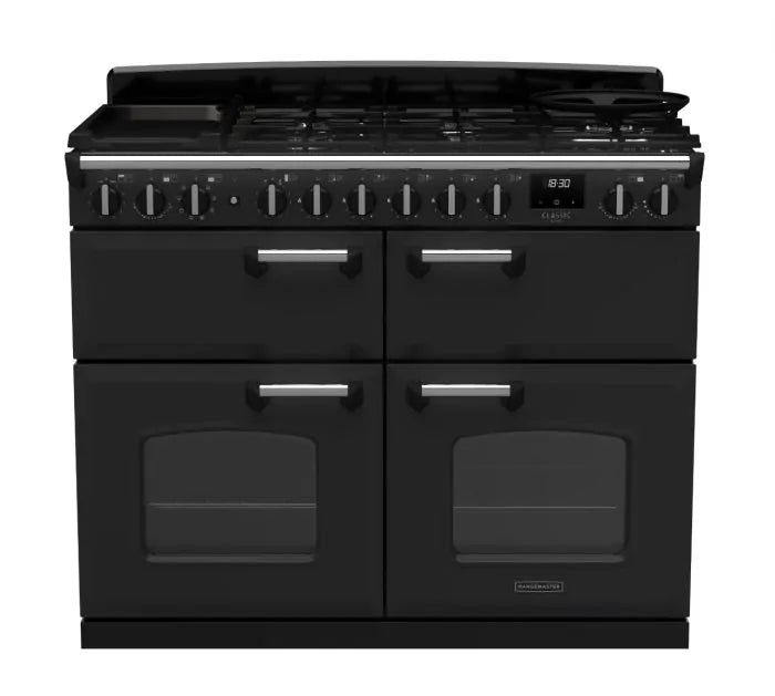 Rangemaster Classic Deluxe 110cm Dual Fuel Range Cooker (Slow Cook) - Charcoal Black & Chrome | CLDLB110DFPCBL/CM1