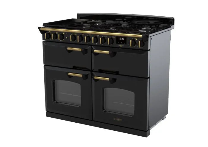 Rangemaster Classic Deluxe 110cm Dual Fuel Range Cooker (Slow Cook) - Glossy Black & Brass | CLDLB110DFPGBL/AB1