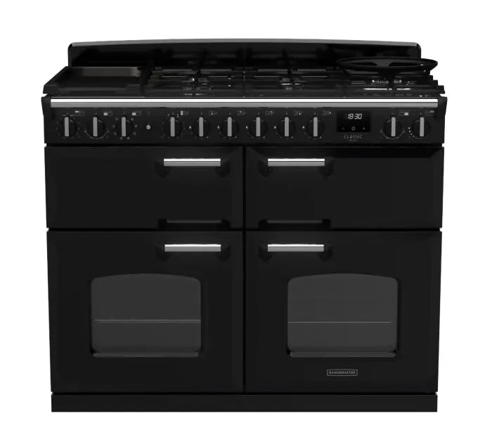 Rangemaster Classic Deluxe 110cm Dual Fuel Range Cooker (Slow Cook) - Glossy Black & Chrome | CLDLB110DFPGBL/CM1
