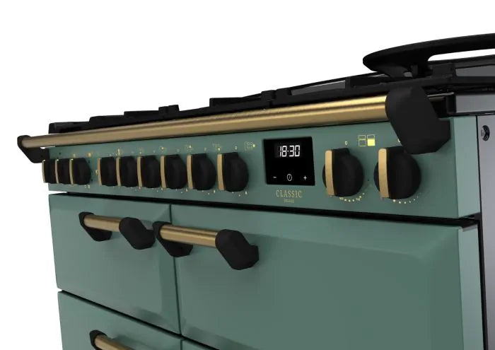 Rangemaster Classic Deluxe 110cm Dual Fuel Range Cooker (Slow Cook) - Mineral Green & Brass | CLDLB110DFPMGR/AB1