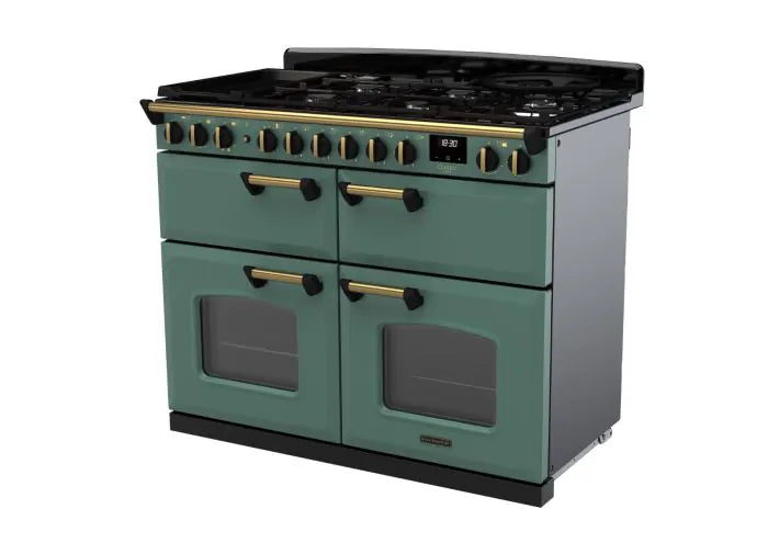 Rangemaster Classic Deluxe 110cm Dual Fuel Range Cooker (Slow Cook) - Mineral Green & Brass | CLDLB110DFPMGR/AB1