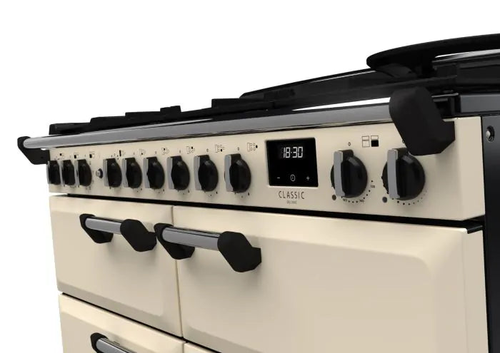Rangemaster Classic Deluxe 110cm Dual Fuel Range Cooker (Slow Cook) - Pale Cream & Chrome | CLDLB110DFPPCR/CM1